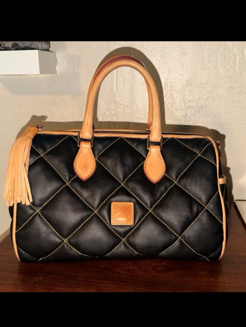 Dooney & Bourke Black Quilted Leather Satchel with Tan Trim